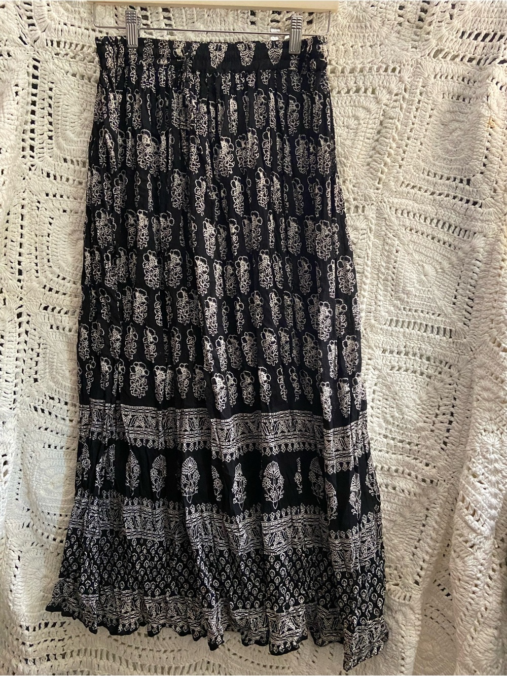 Women's Black Printed Maxi Skirt with White Pattern NWT